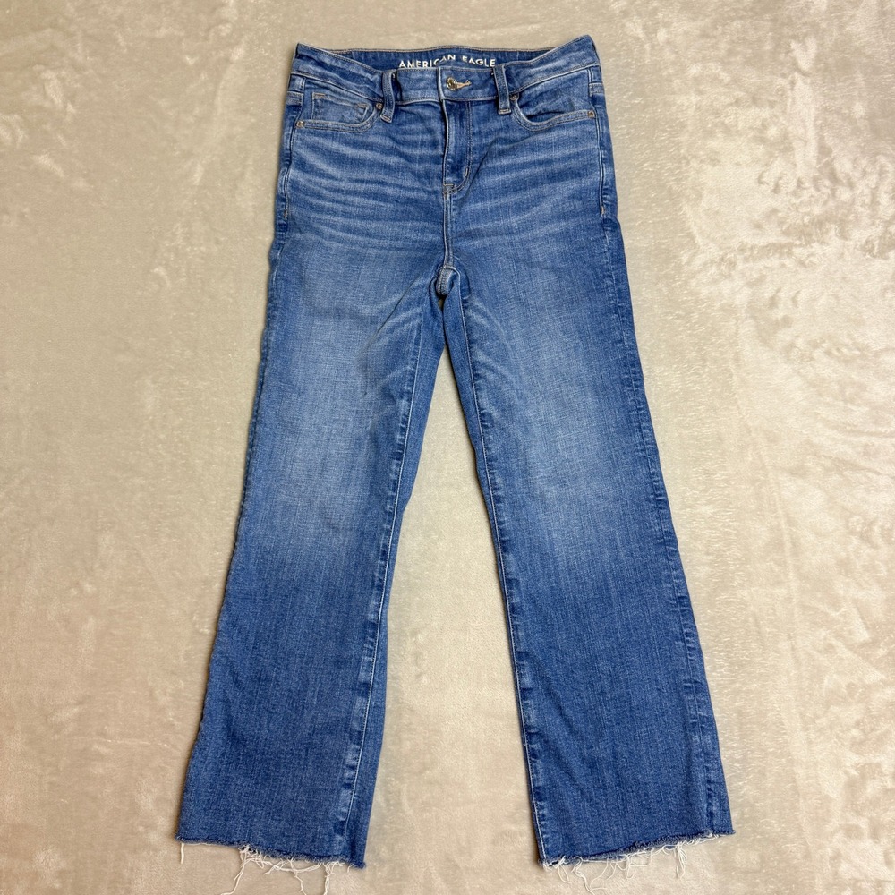 American Eagle Kick Boot Crop Jeans Women 4 Blue Raw Hem Ankle Distressed Boho